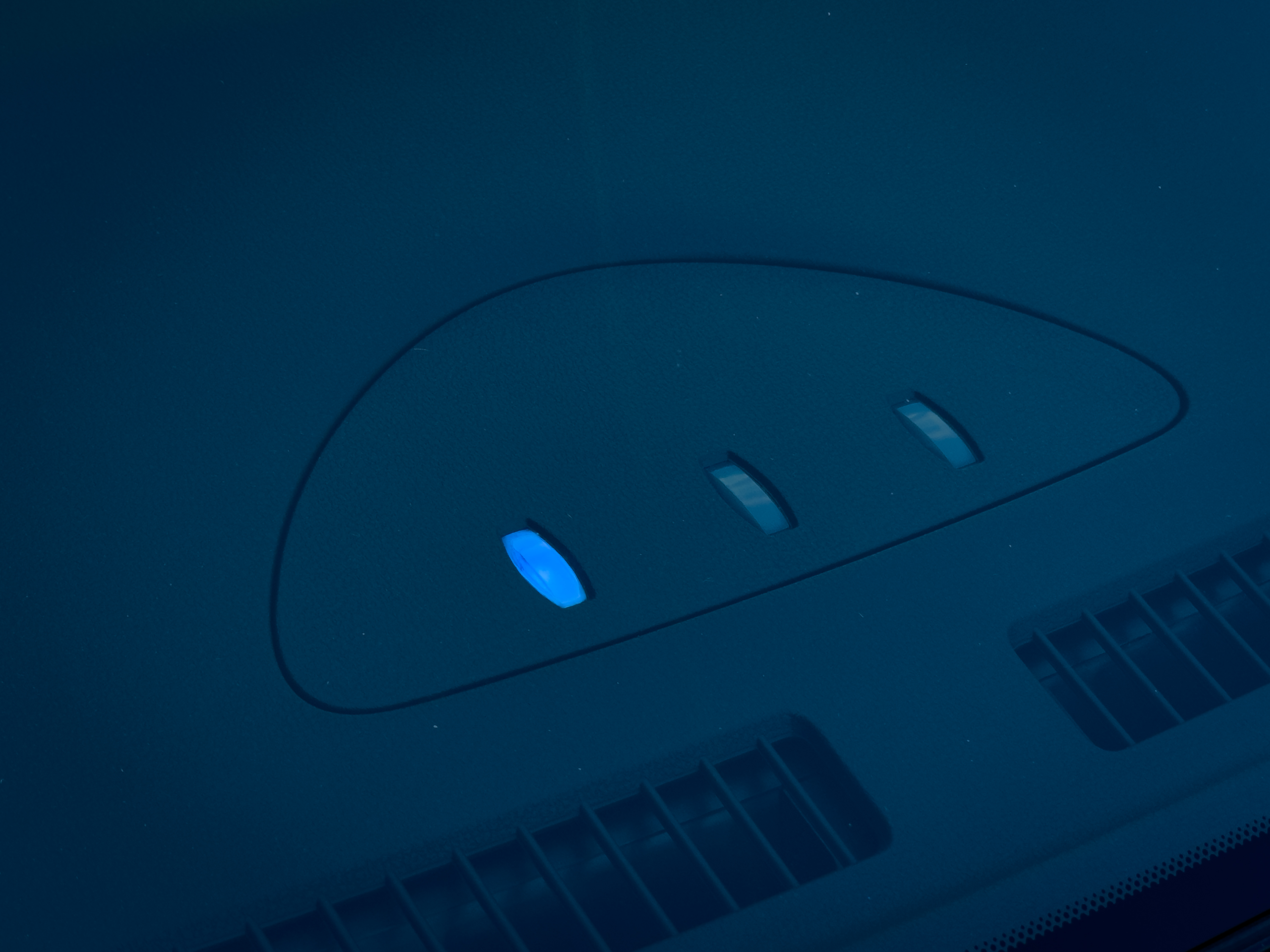 Photo of two blue lights lit up on Leaf dashboard